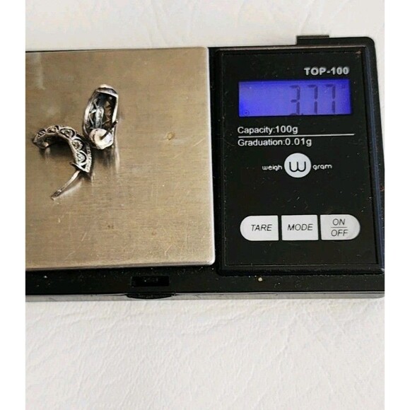 Vintage CW Marcasite Sterling Silver Hoop Earrings .50" 3.77g - Picture 7 of 7